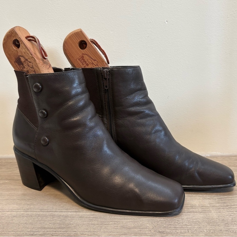 Nicole Women’s Chocolate Brown Leather Ankle Zipper Side Button Detail Boots-8.5